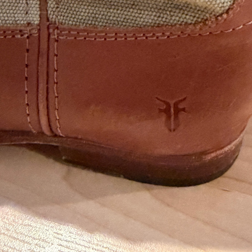 Frye woman's  Tan Leather Boots with beige canvas
